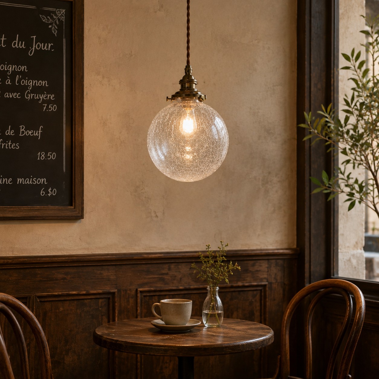 Crackled glass globe pendant in a cafe-style seating corner