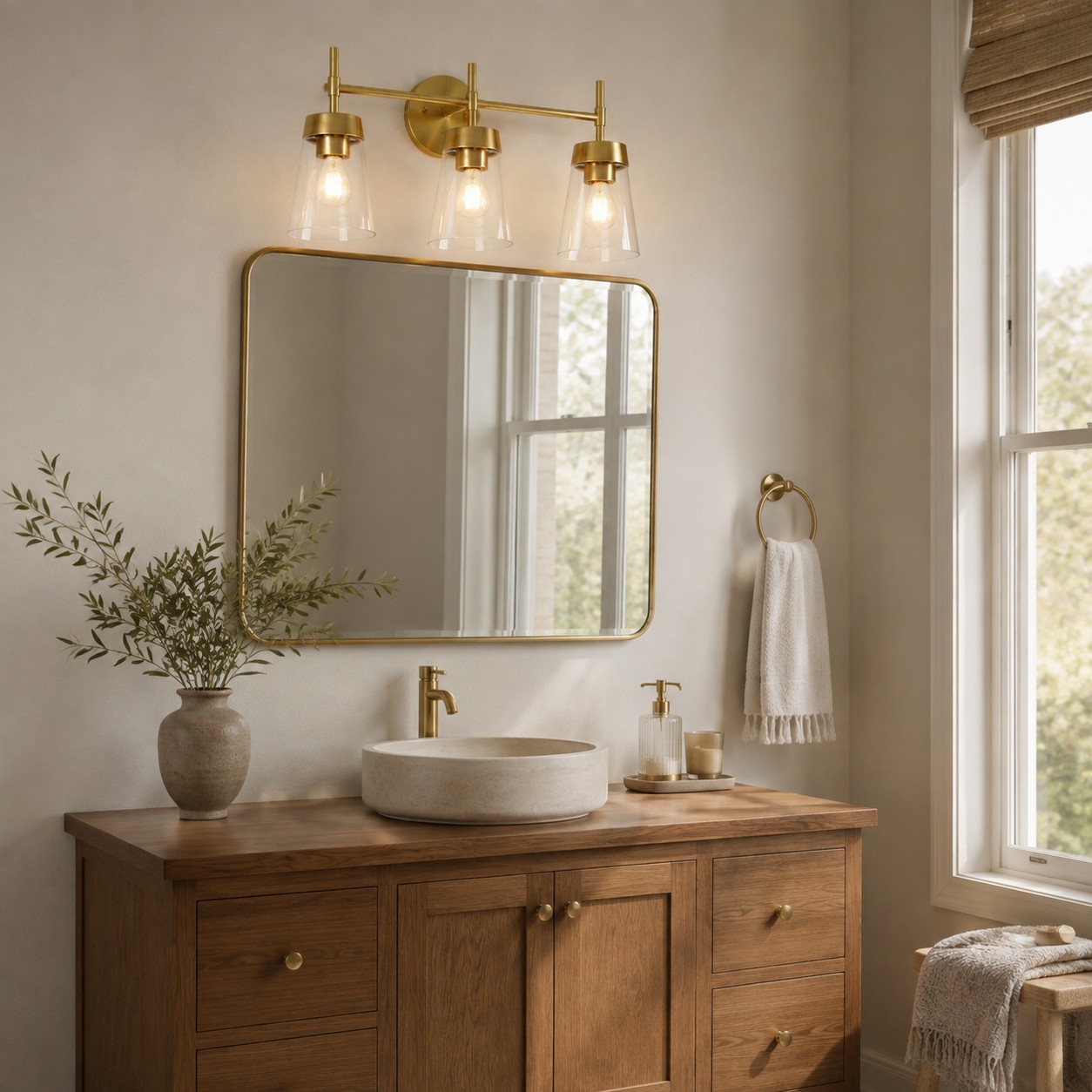 Brushed brass three-light vanity wall light above a wood washstand