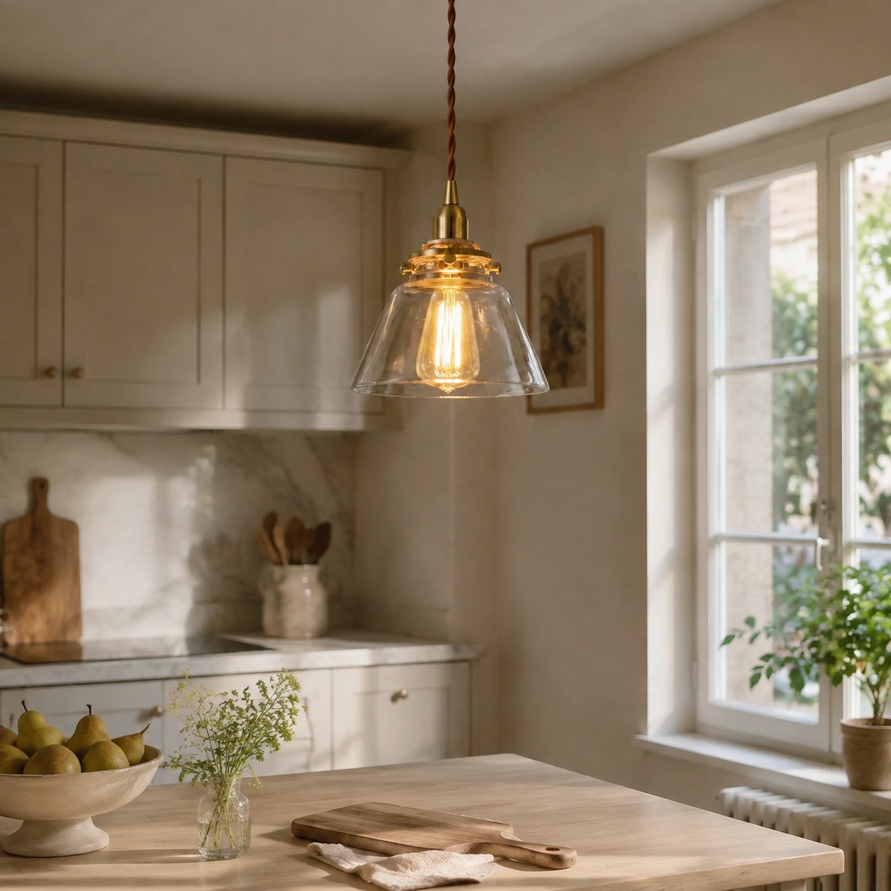 Compact brass glass pendant over a sunlit kitchen work surface