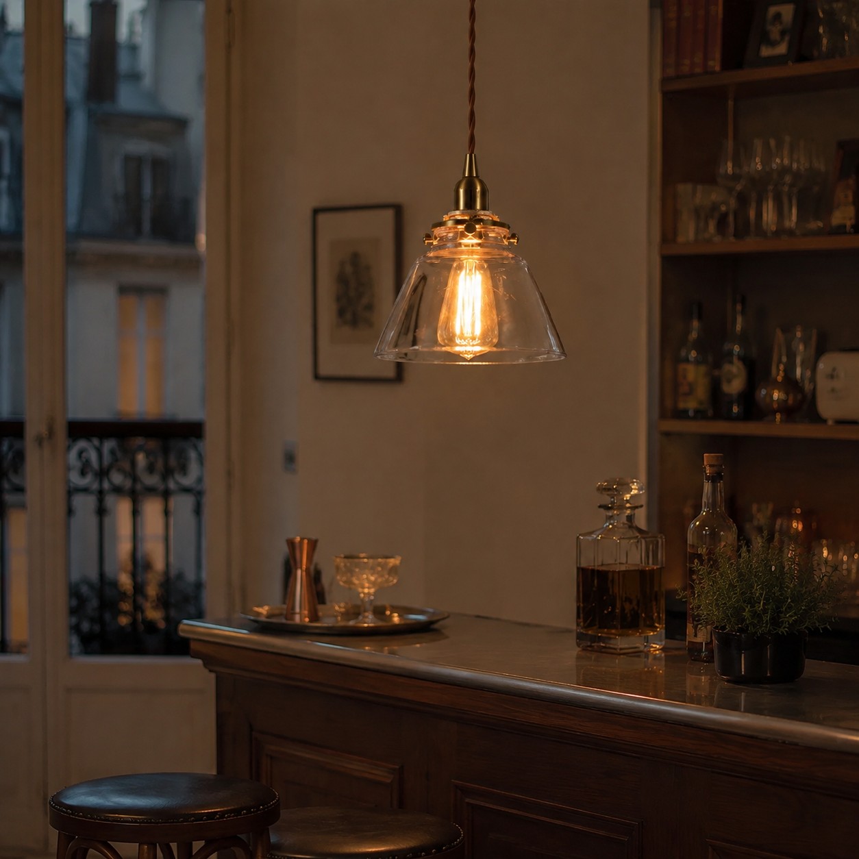 Single brass glass pendant over a home bar counter