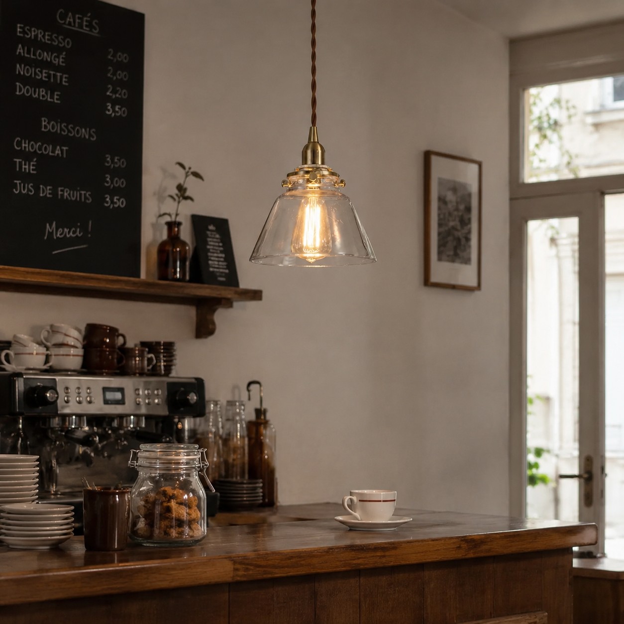 Brass glass pendant above a cafe counter