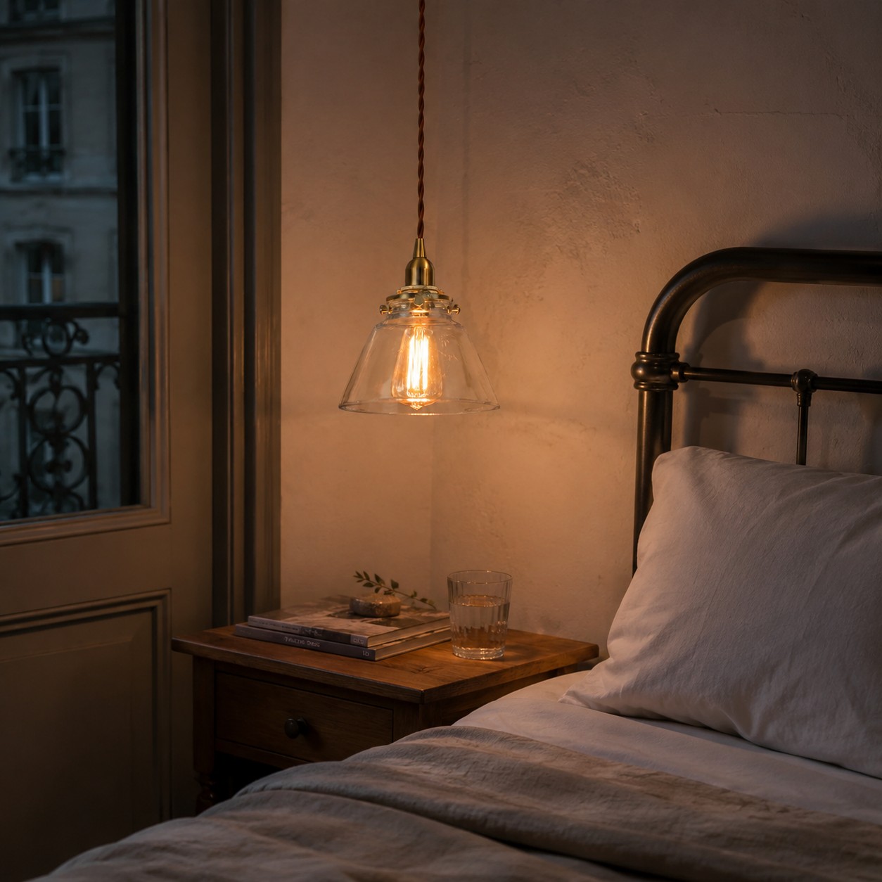 Compact brass glass pendant used as bedside lighting