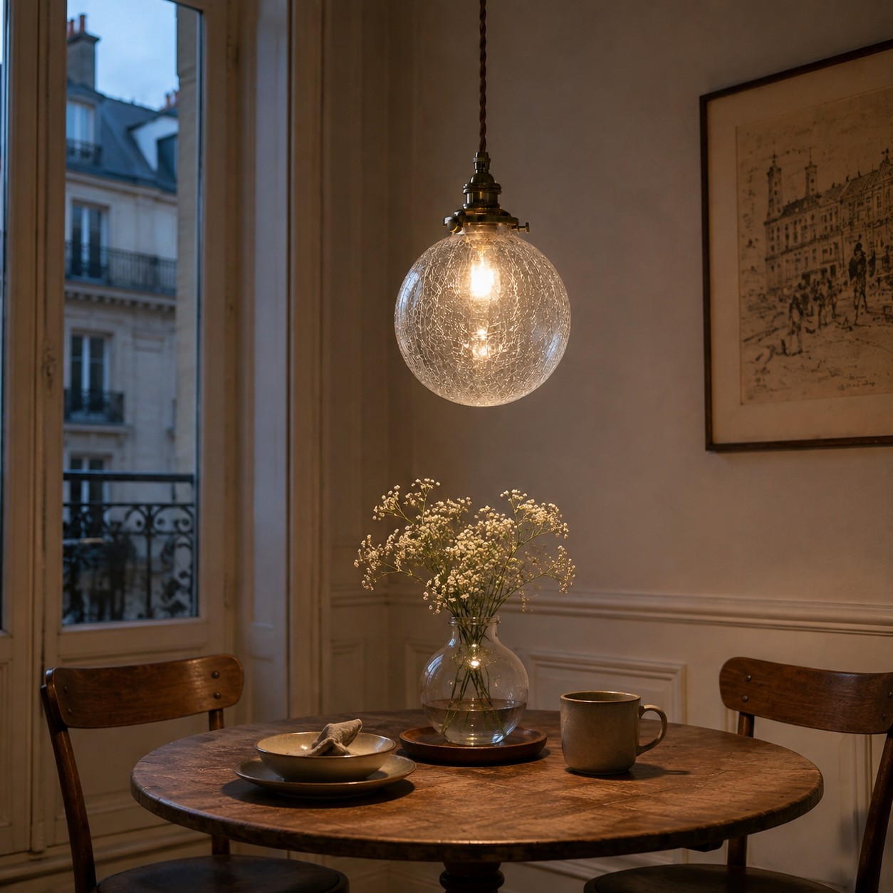 Crackled glass globe pendant over a dining table setting