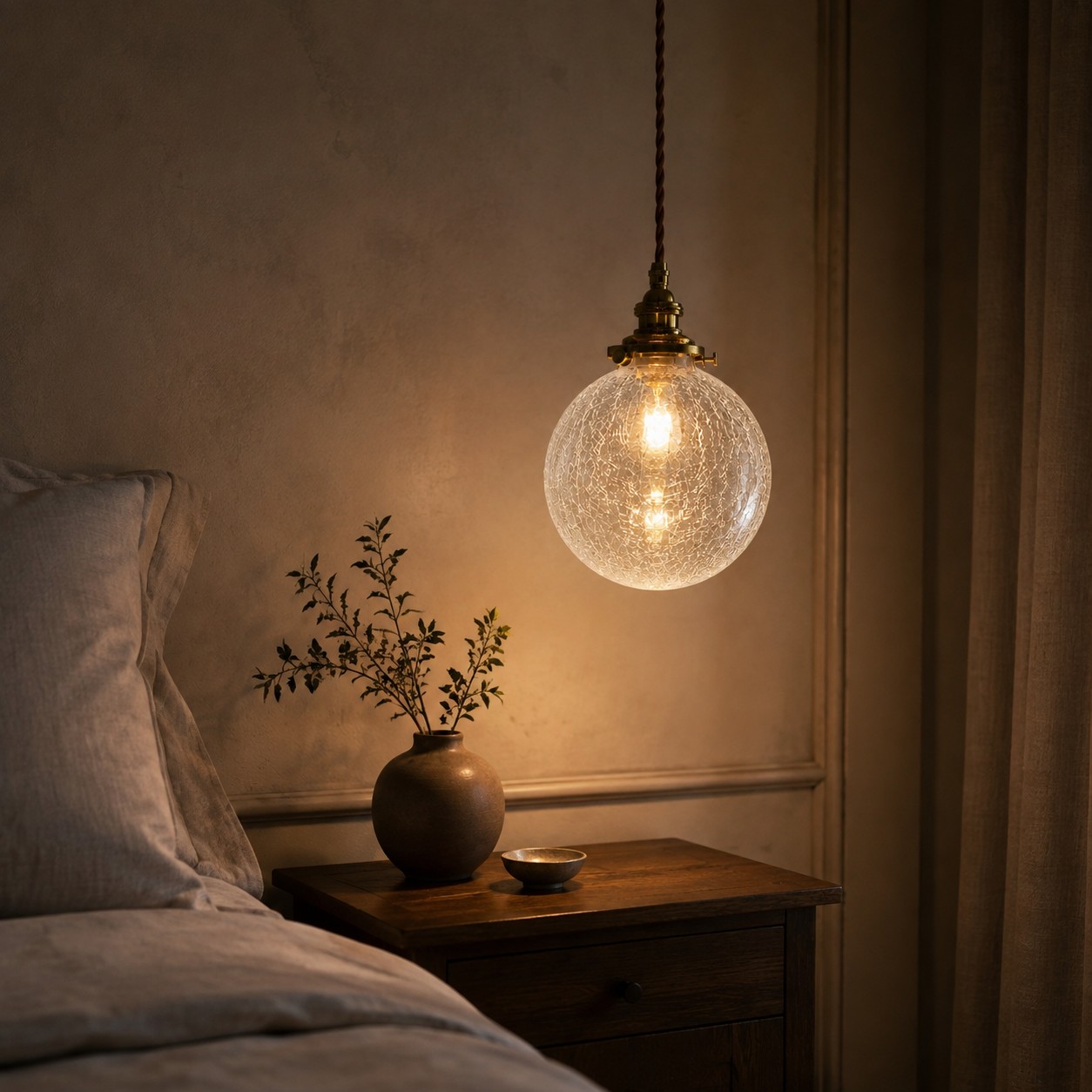 Crackled glass globe pendant beside a bedside corner