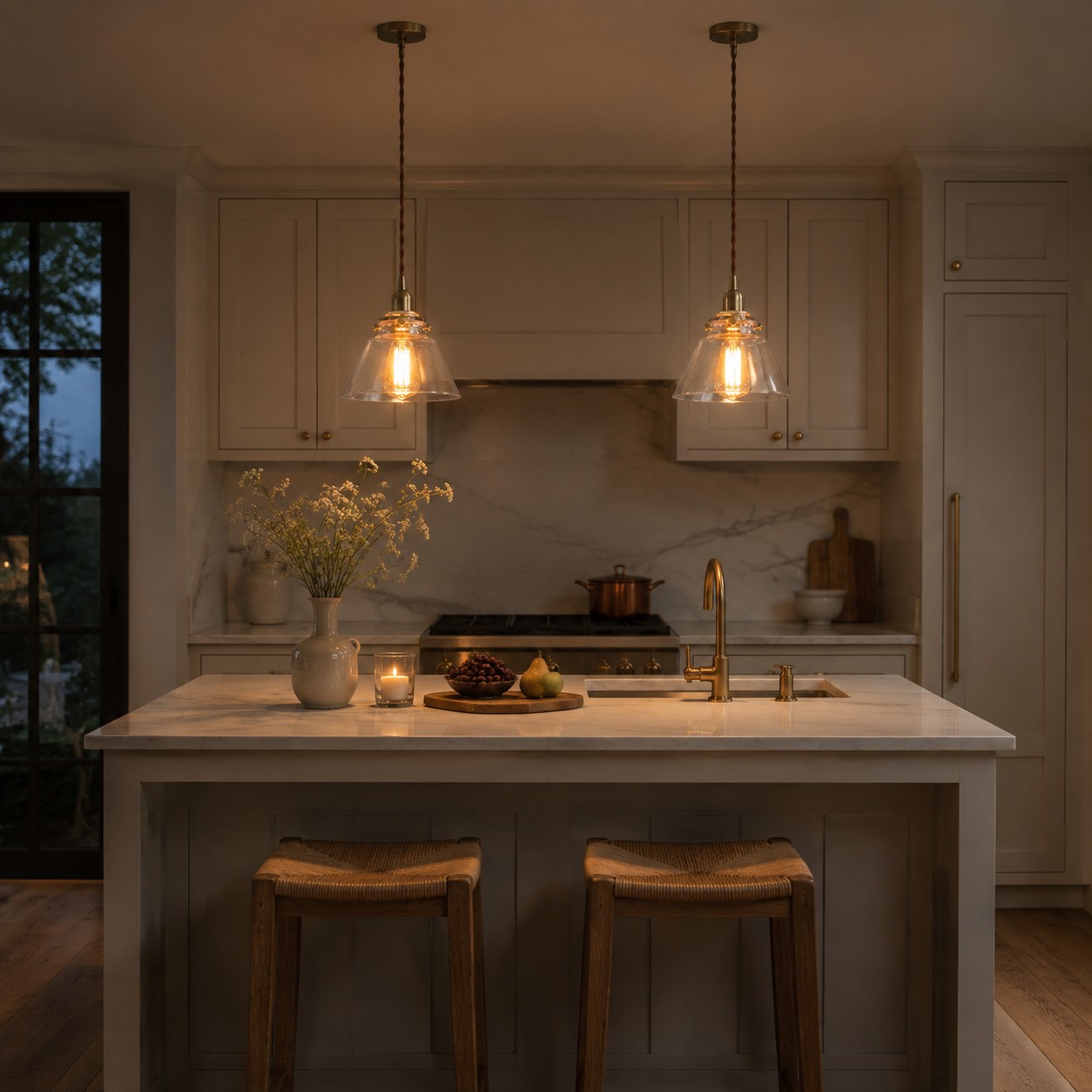 Two matching brass glass pendants over a kitchen island