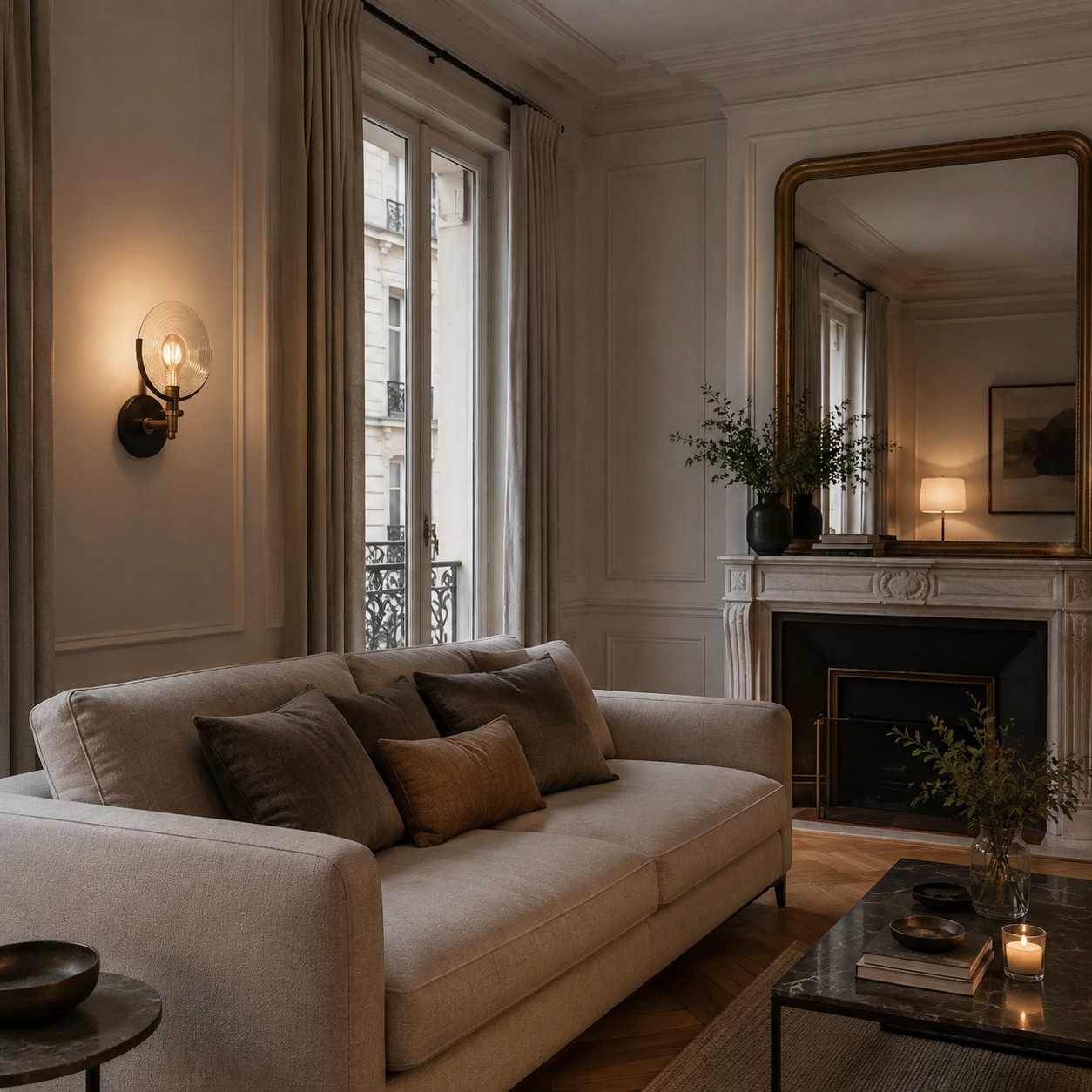 Short glass disc wall sconce in a paneled living room