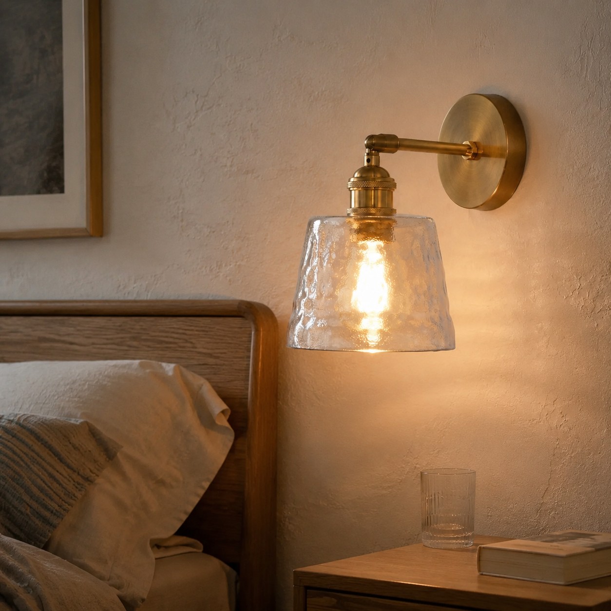 Bedside wall sconce installed beside a wooden nightstand