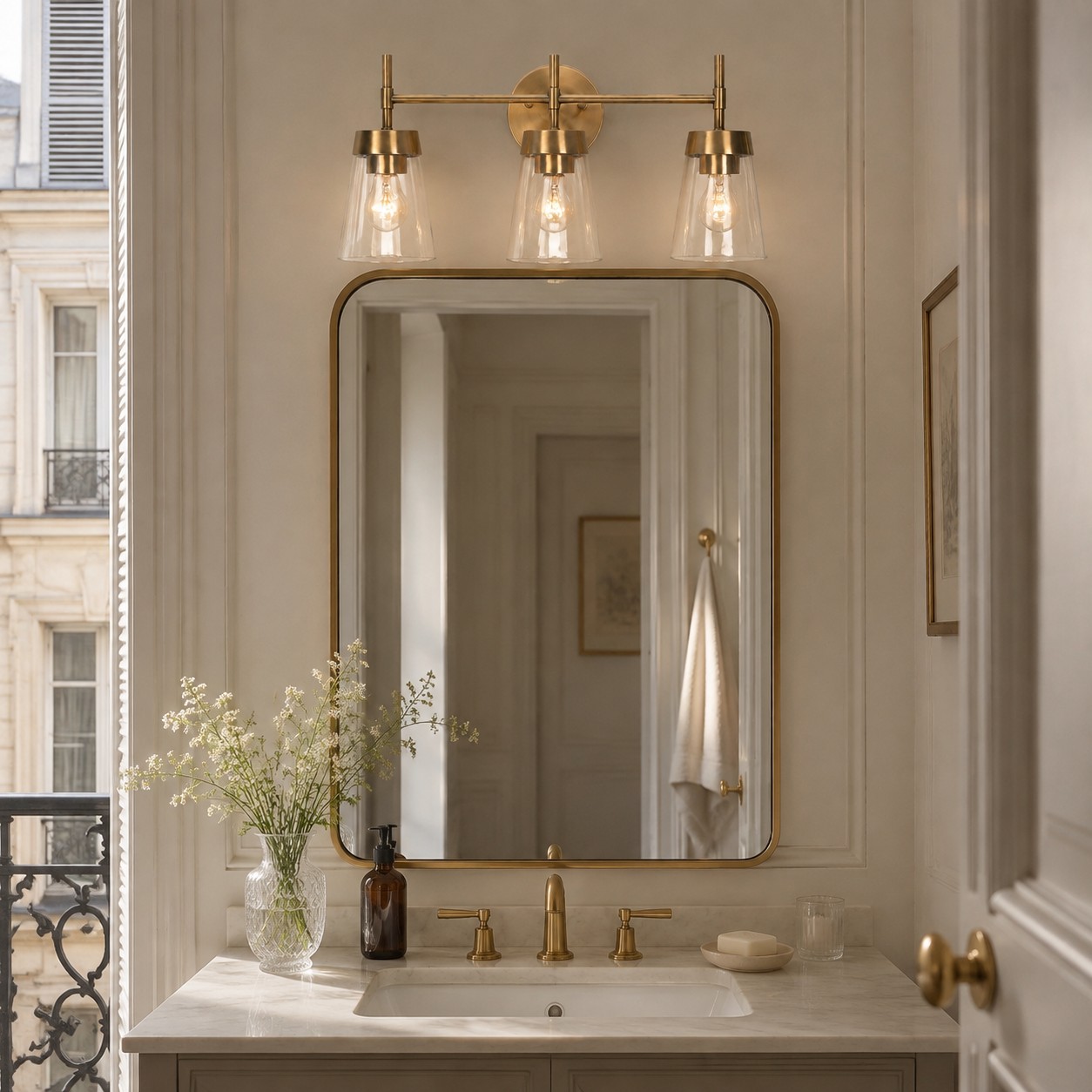 Three-light brushed brass vanity fixture above a bathroom mirror in a French apartment