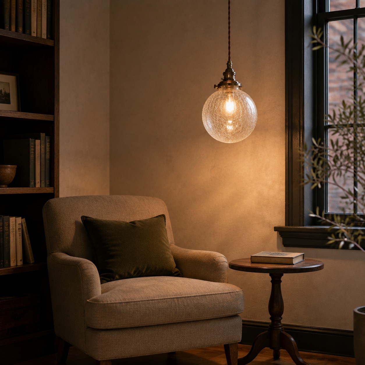 Crackled glass globe pendant lighting a quiet reading corner with chair and bookshelf