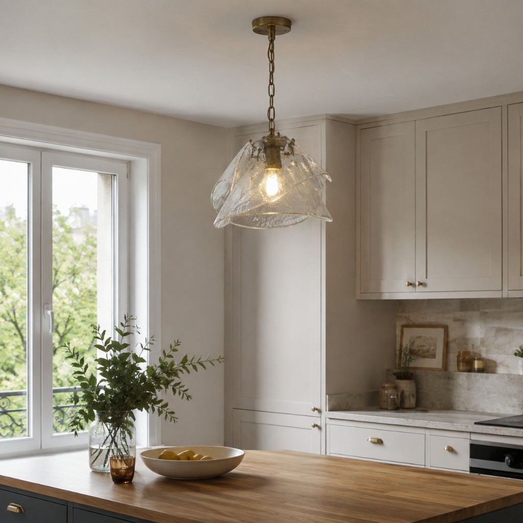 Suspension en verre martelé et laiton antique au-dessus d'un îlot de cuisine à la lumière du jour
