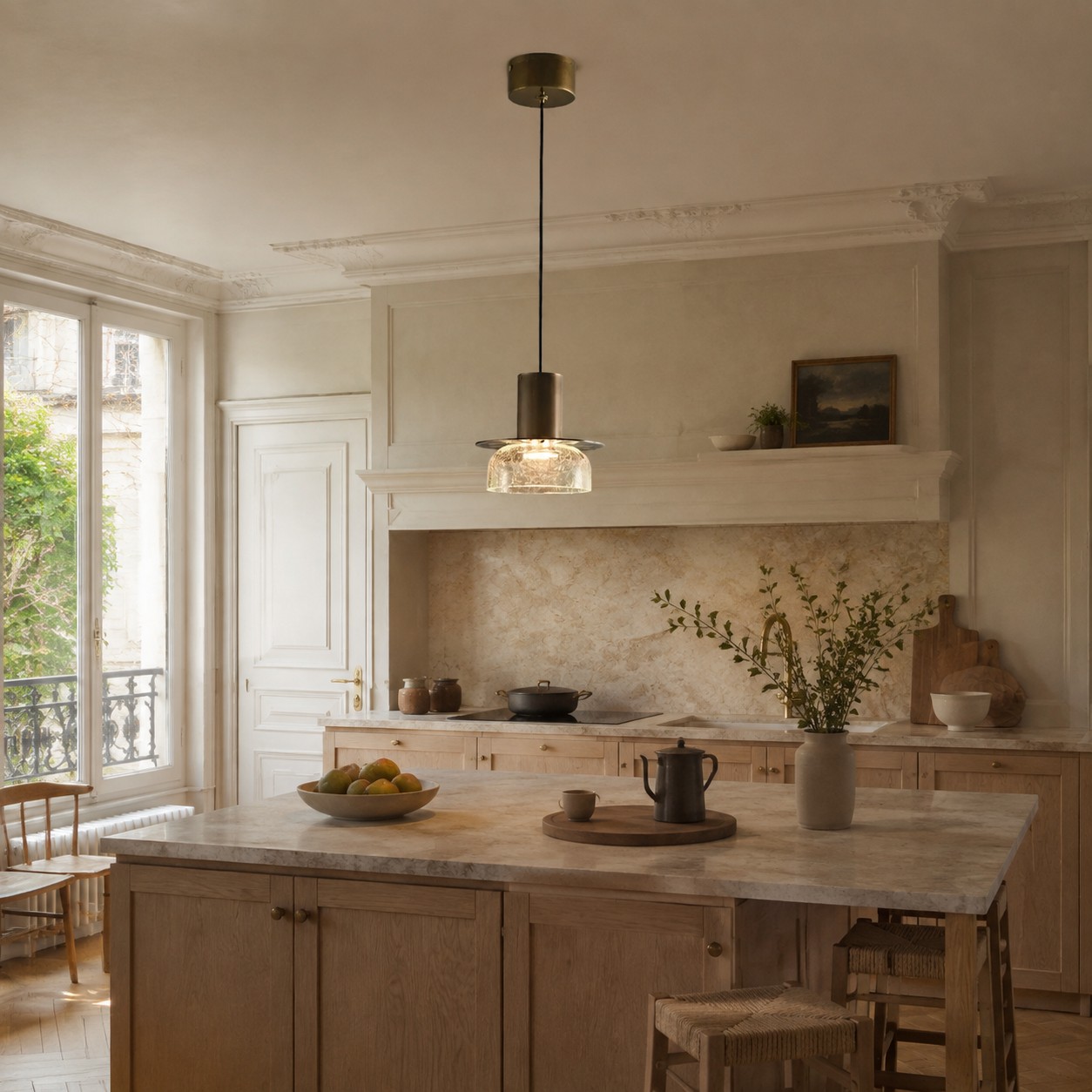 Suspension en laiton transparent et verre craquelé au-dessus d'un îlot de cuisine