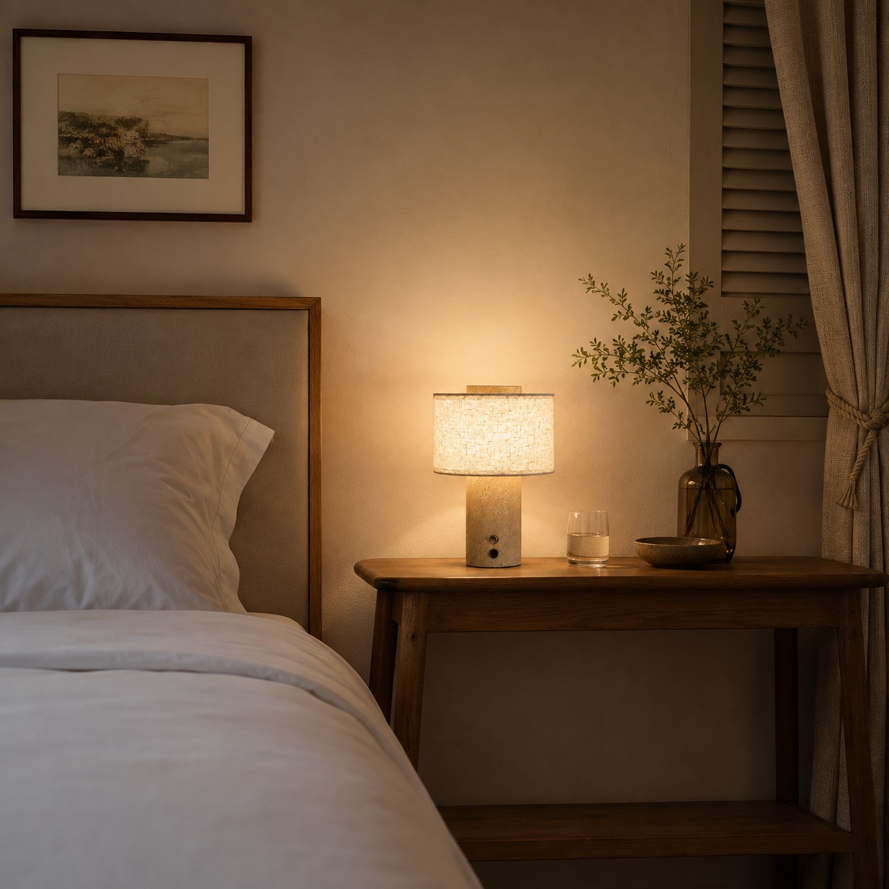 Lampe de table en travertin sur une table de chevet de style hôtel.