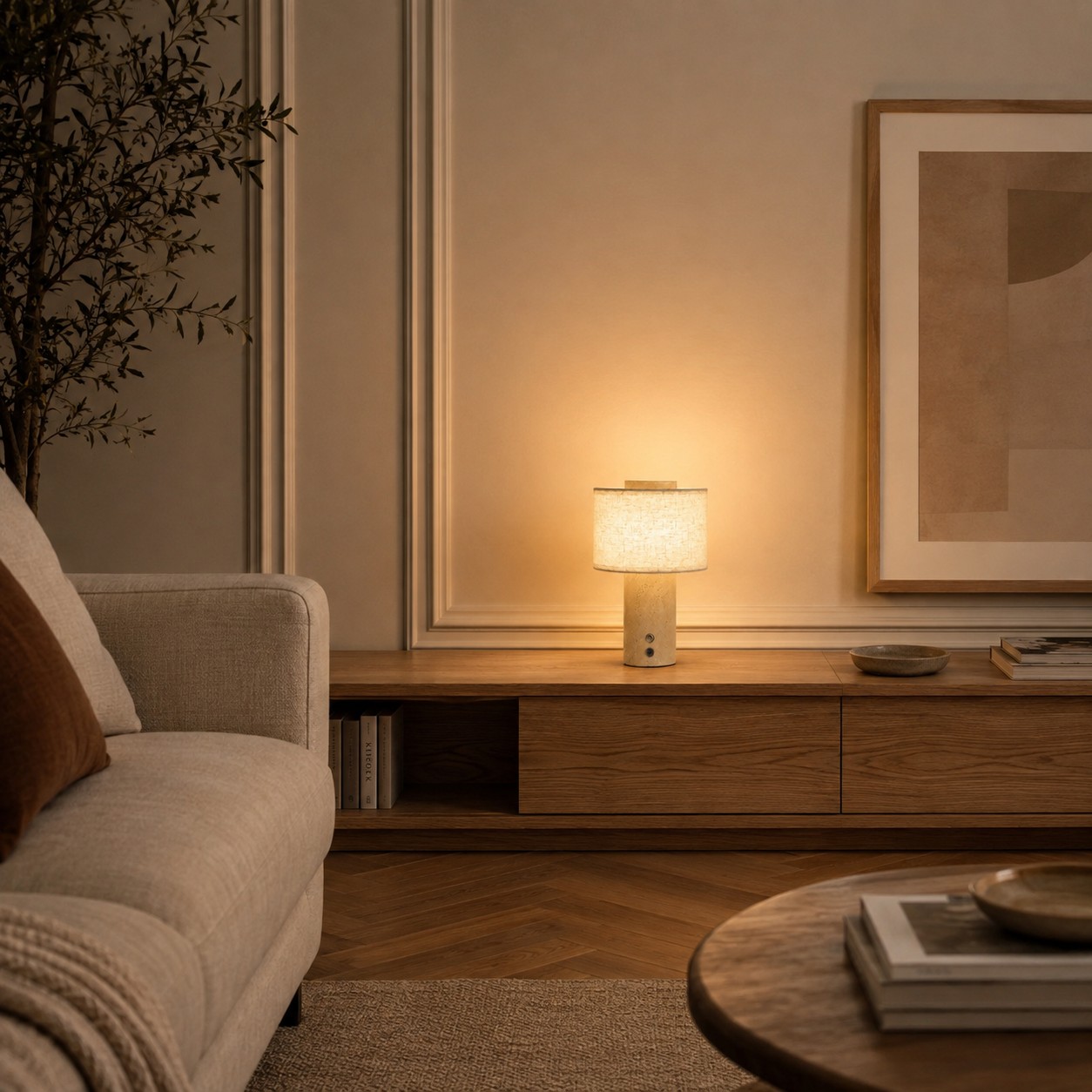 Lampe de table en travertin sur une console de salon