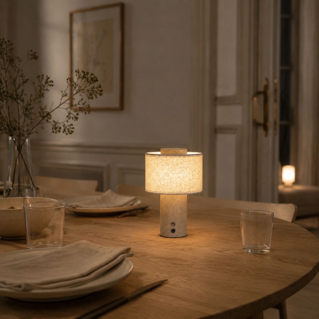 Lampe de table en travertin sur un buffet de salle à manger