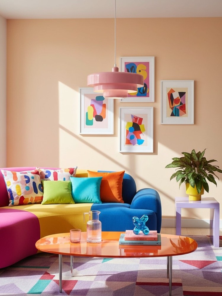 Rosafarbene dreischichtige Scheibenpendelleuchte in einem farbenfrohen Wohnzimmer mit einem Sofa in Farbblockoptik