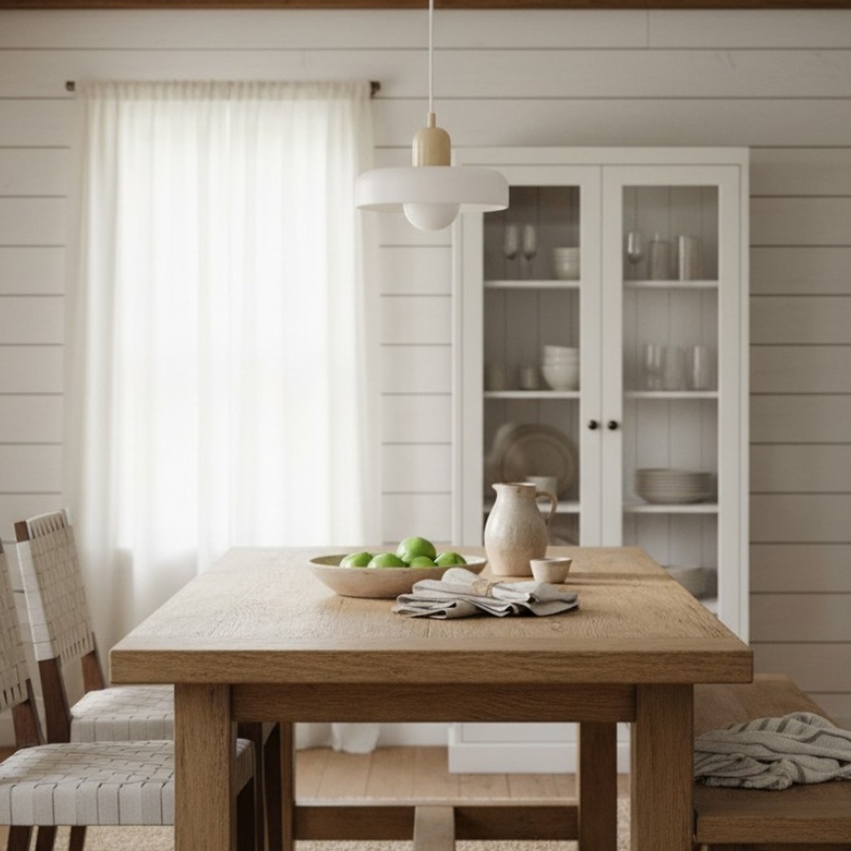 White disc pendant with a beige cap over a dining table