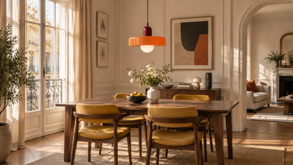Orange glass disc pendant with a red metal cap over a dining table with mustard chairs