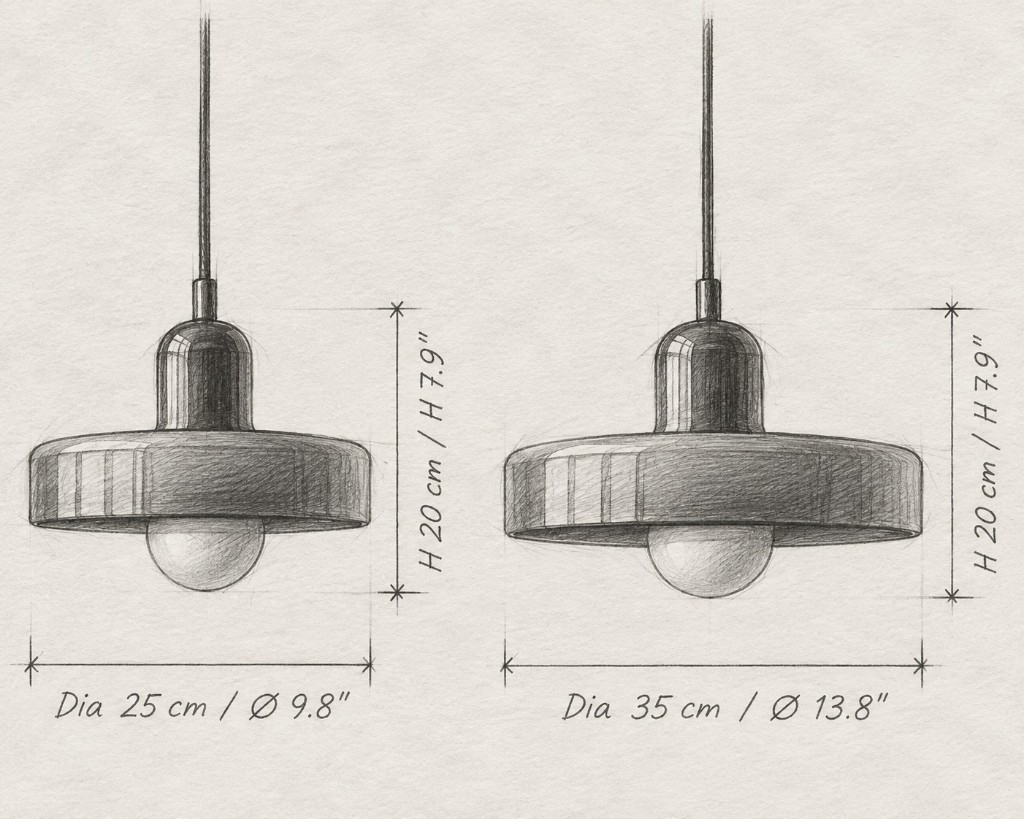 Pencil size sketch comparing 25 cm and 35 cm disc pendants, both 20 cm high