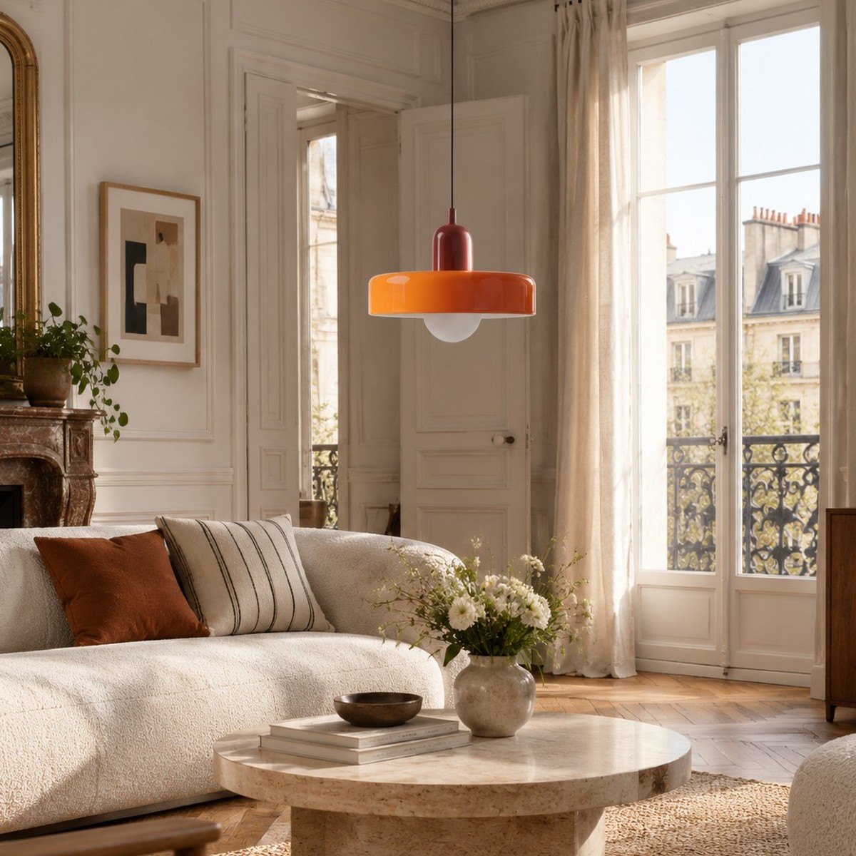 Orange disc and red cap pendant in a living room