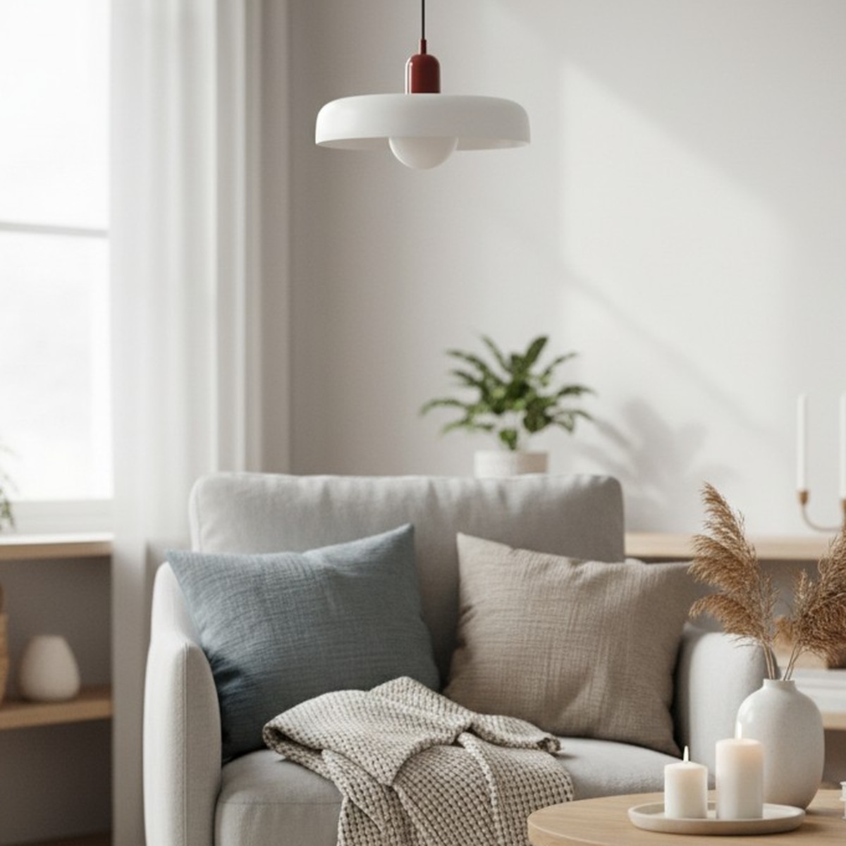 White disc and red cap pendant over a grey armchair