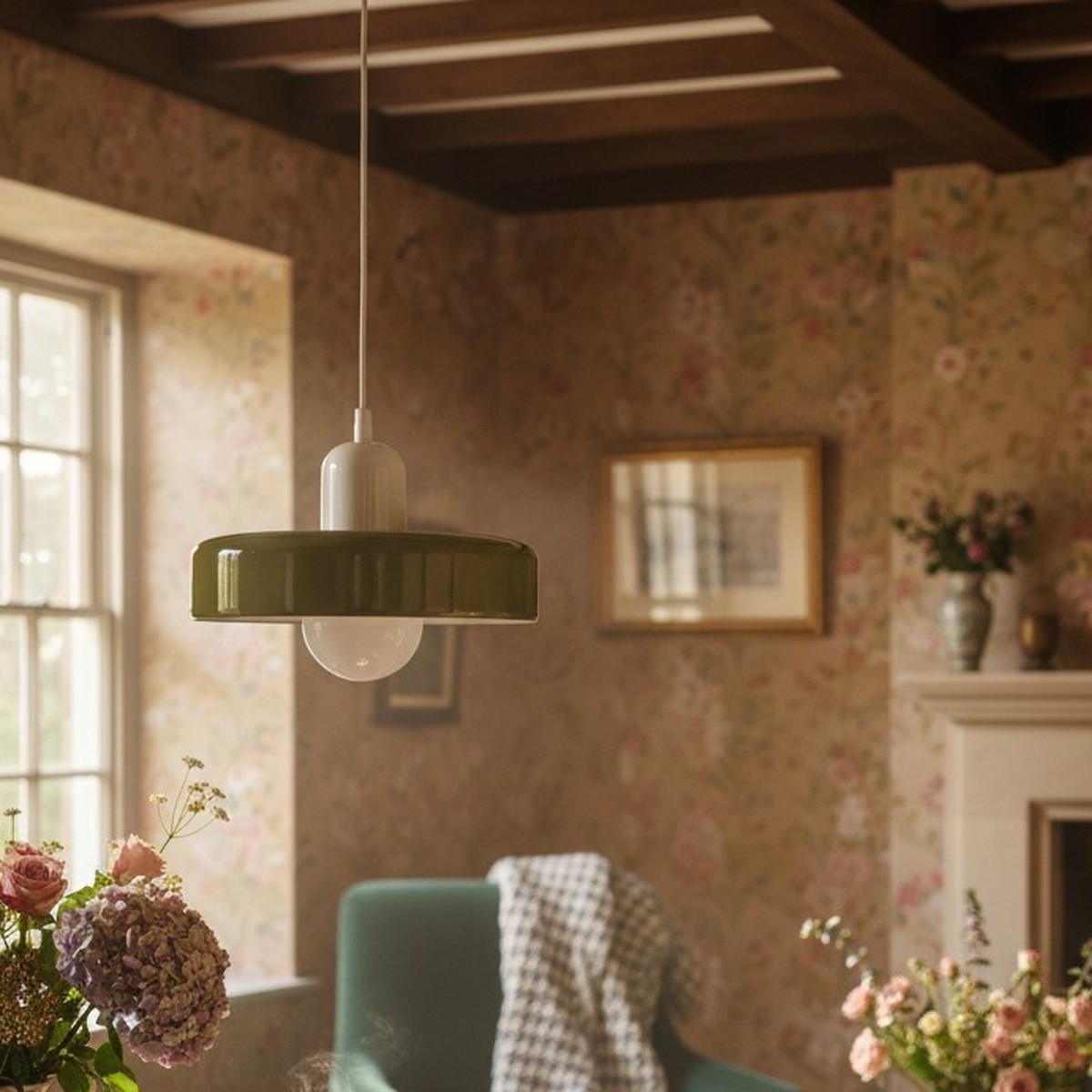 Green disc pendant over a writing desk