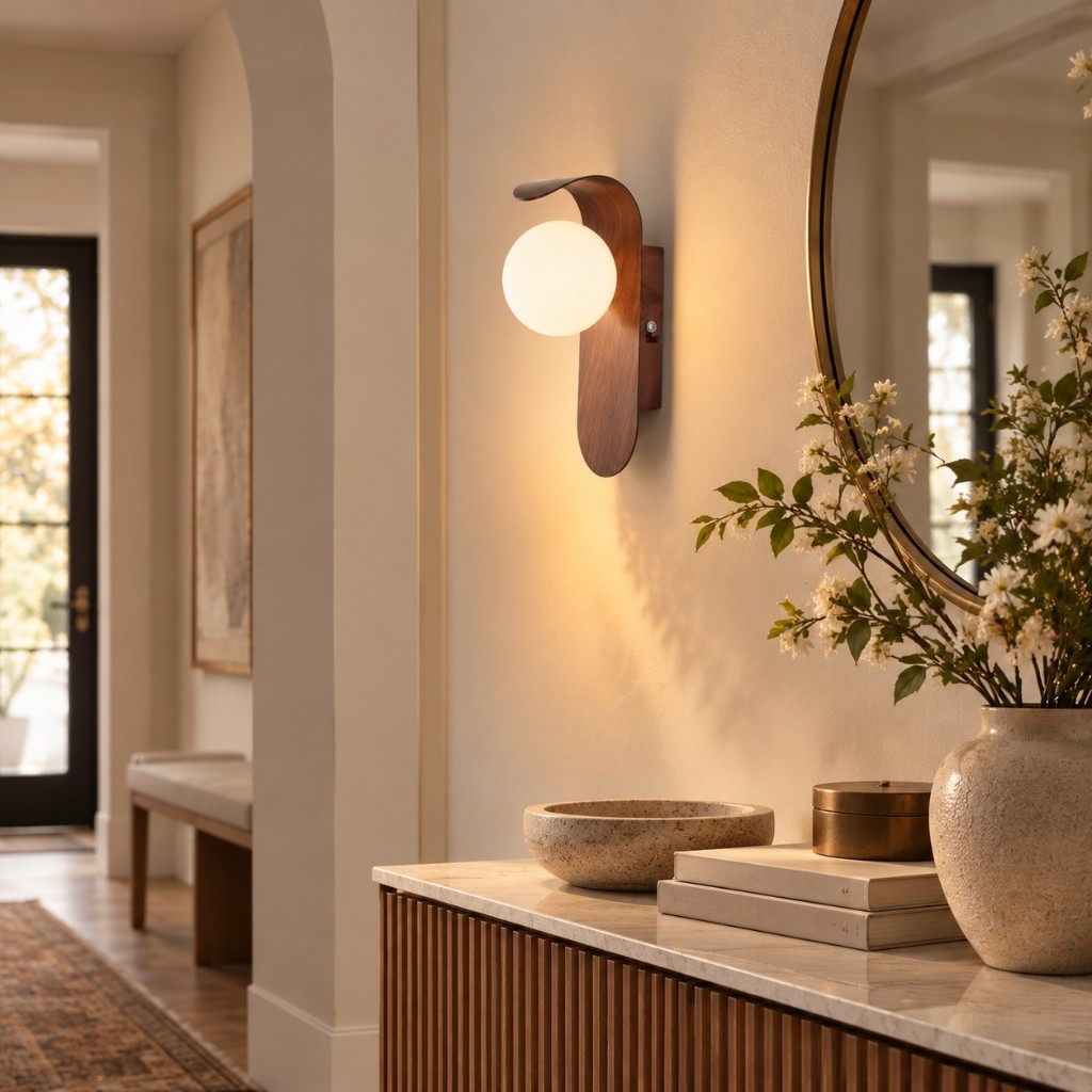 Luminária de parede Carlyle em nogueira iluminada sobre um console de mármore