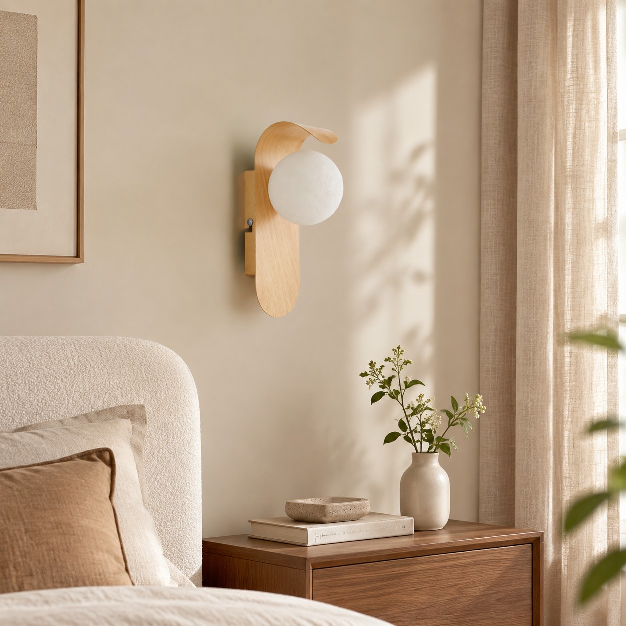 Cor de madeira Carlyle ao lado de uma cama, sem luz.
