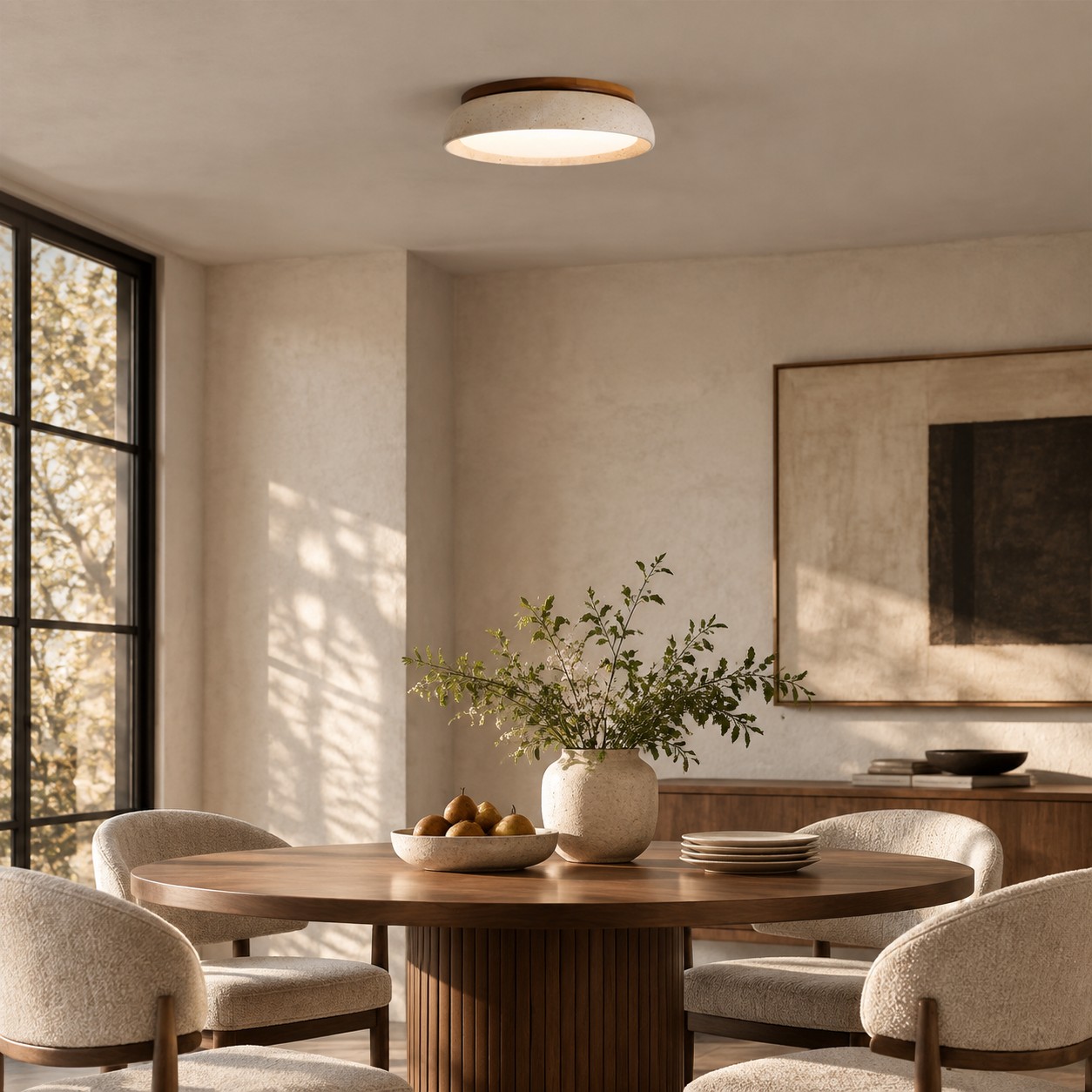 Travertine ceiling light over a dining table
