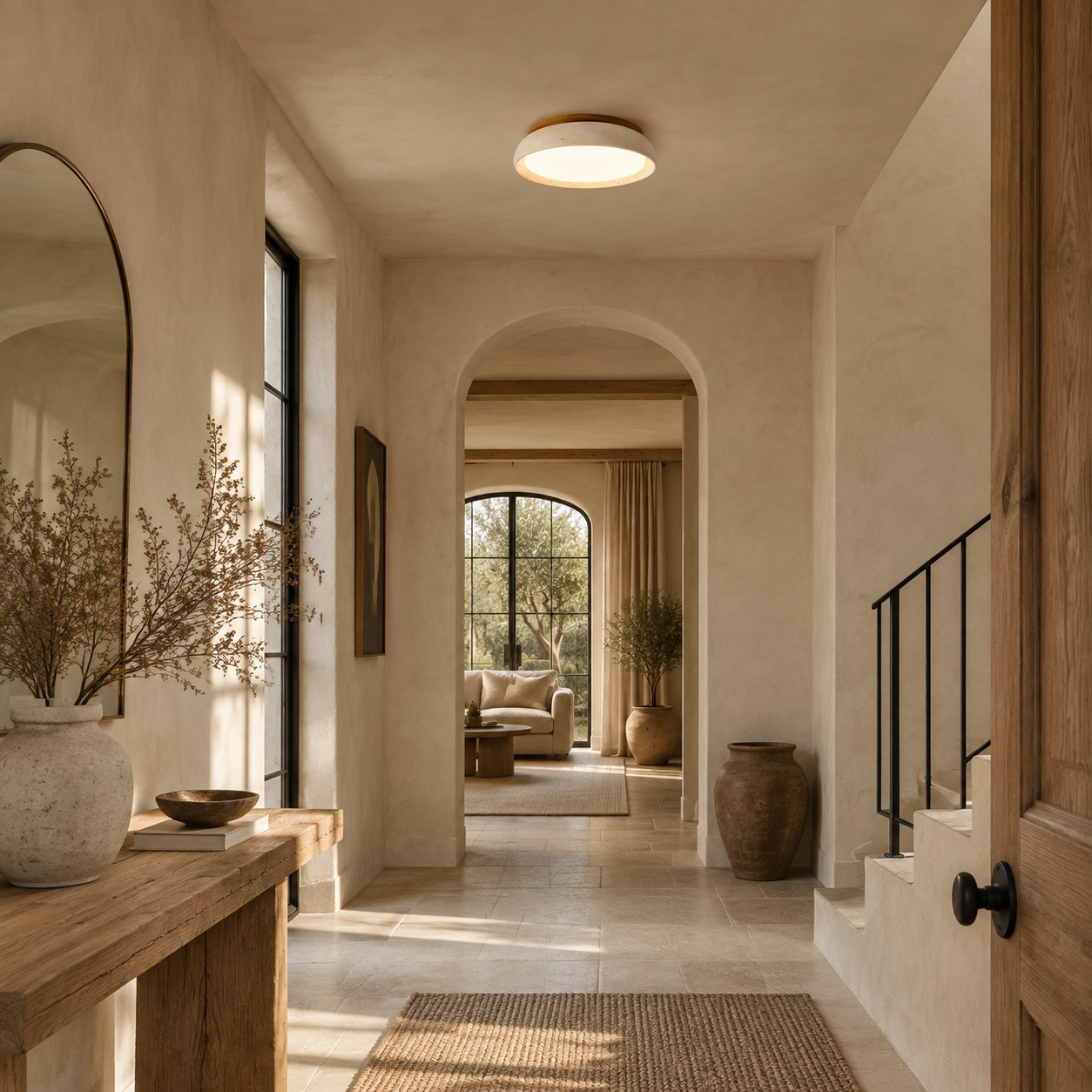 Travertine ceiling light in a hallway