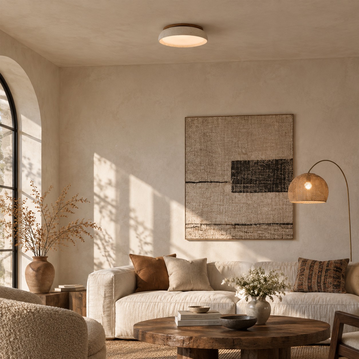Travertine flush ceiling light lit over a living room sofa in daylight