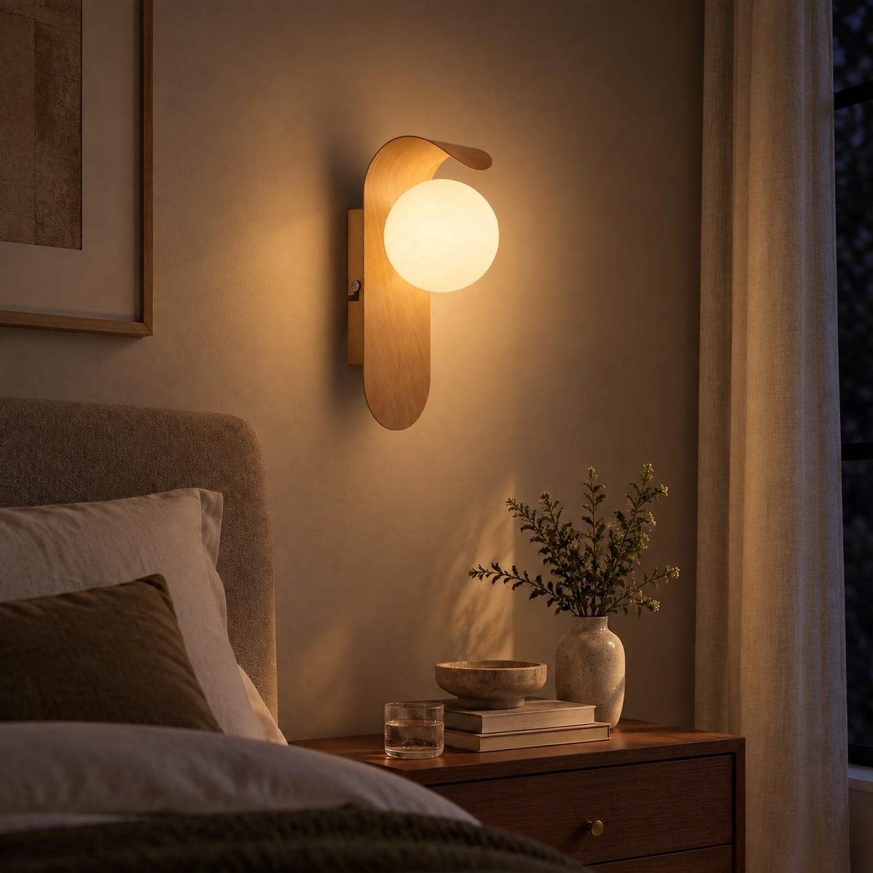 Cor de madeira Carlyle ao lado de uma cama, iluminada