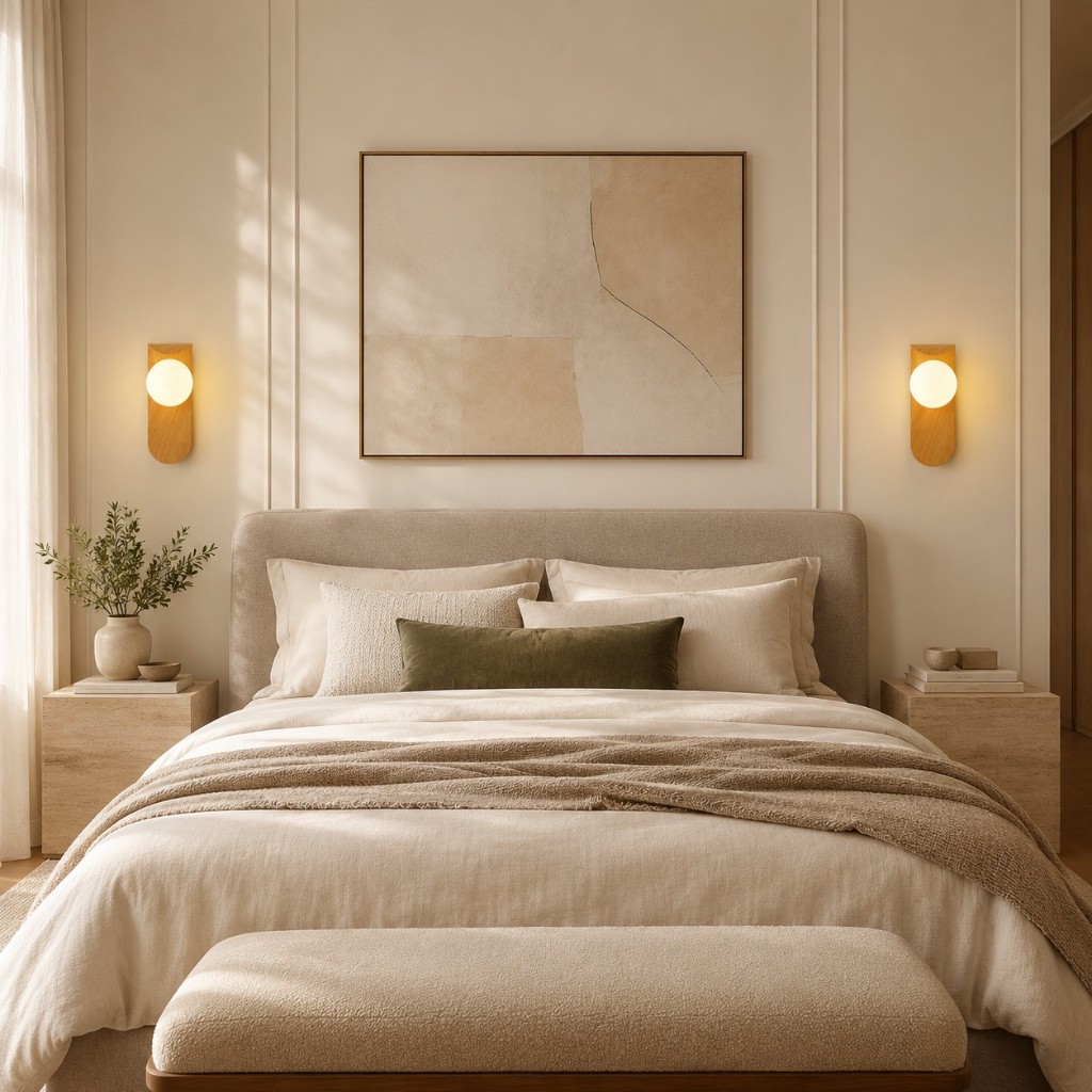 Um par de apliques de parede Carlyle acesos ao lado de uma cama.