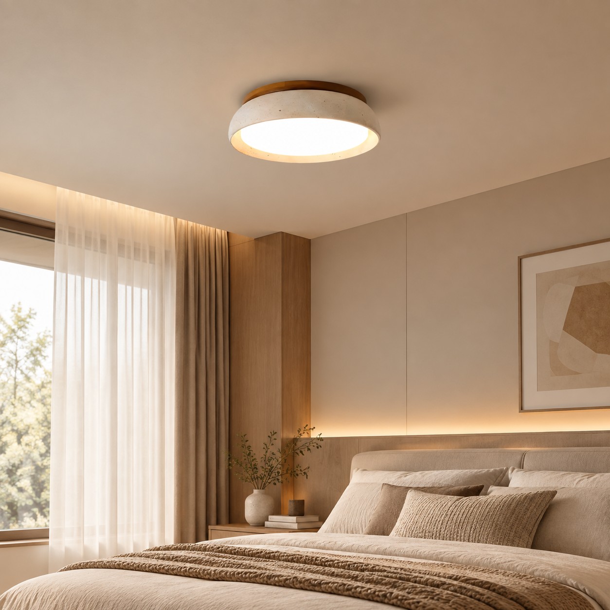 Travertine ceiling light over a bedroom