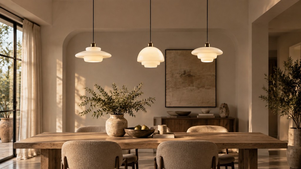 Conjunto de três pingentes de vidro leitoso – Design A, B e C – iluminados sobre uma mesa de jantar à luz da tarde