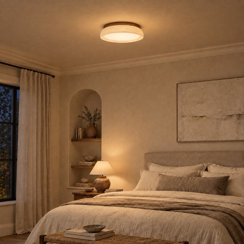 Travertine ceiling light over a bedroom, lit