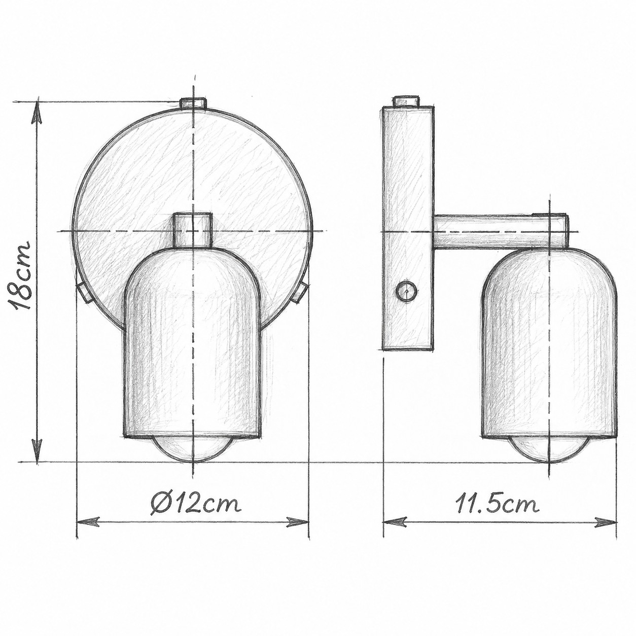 Voor- en zijtekening: Ø12×H18×11,5 cm enkele cilinder