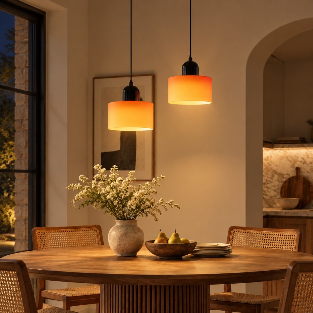Dos cilindros de vidrio naranja con tapa negra sobre una mesa de comedor redonda, iluminada