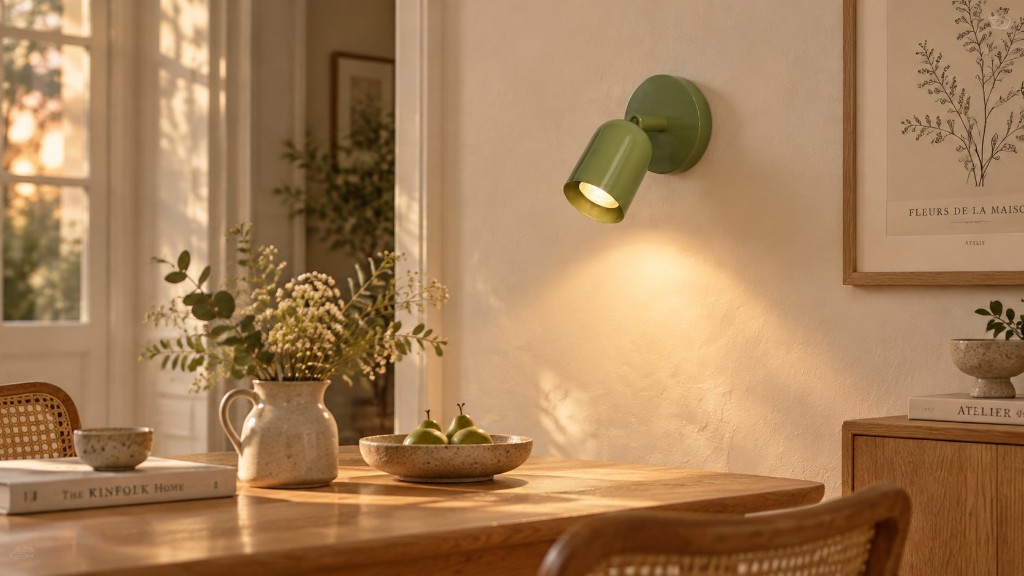 Groene, bedrade cilinder op een eetmuur, zon door de deuren, lamp aan