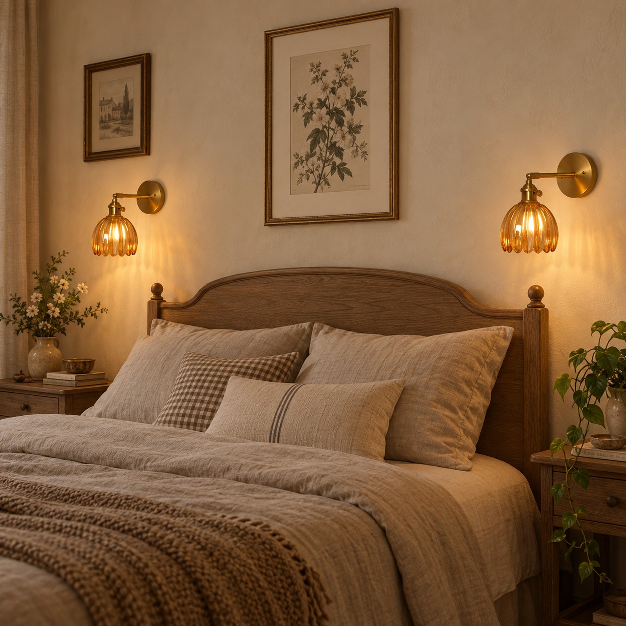 Deux appliques murales doubles en forme de tulipe ambrée éclairent une tête de lit en bois