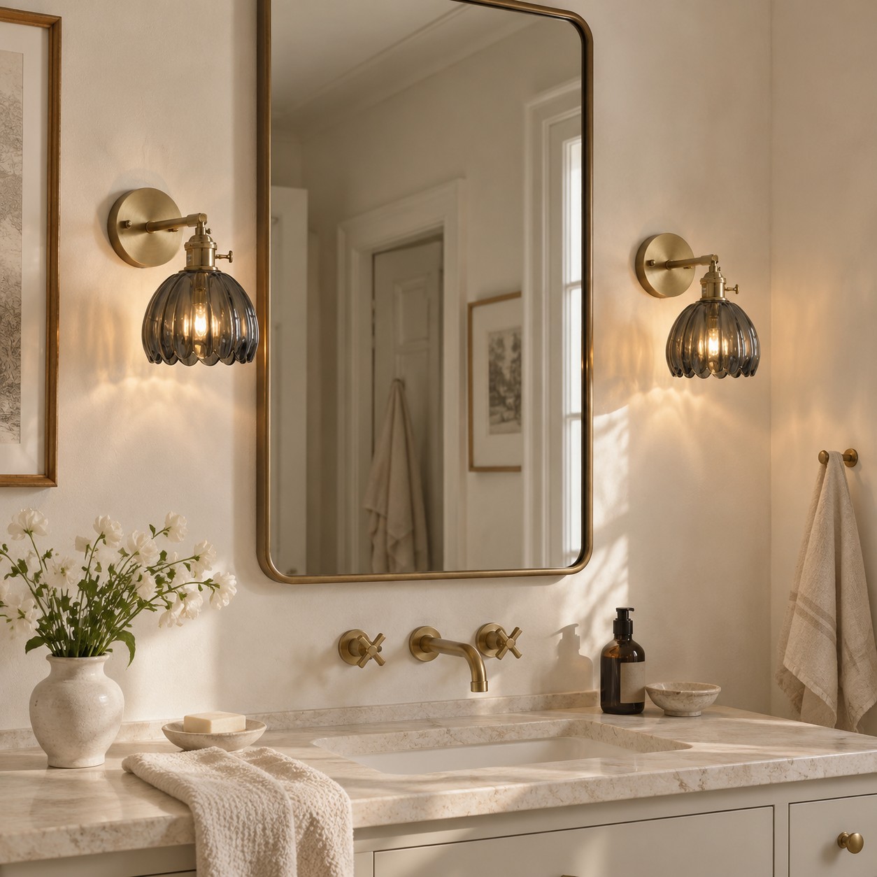 Deux appliques murales doubles en forme de tulipe gris fumé encadrent un miroir de salle de bain