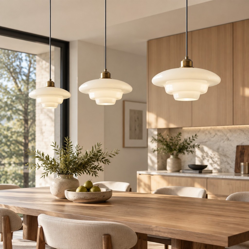 Três pingentes de vidro leitoso combinando sobre uma mesa de jantar de cozinha à luz do dia