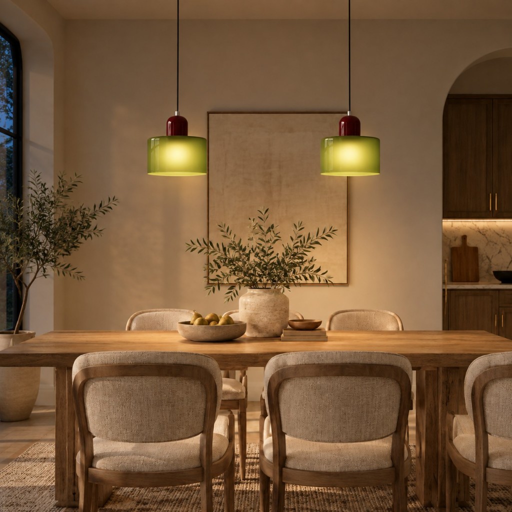 Dos cilindros de vidrio verde con tapa roja sobre una larga mesa de comedor, iluminada