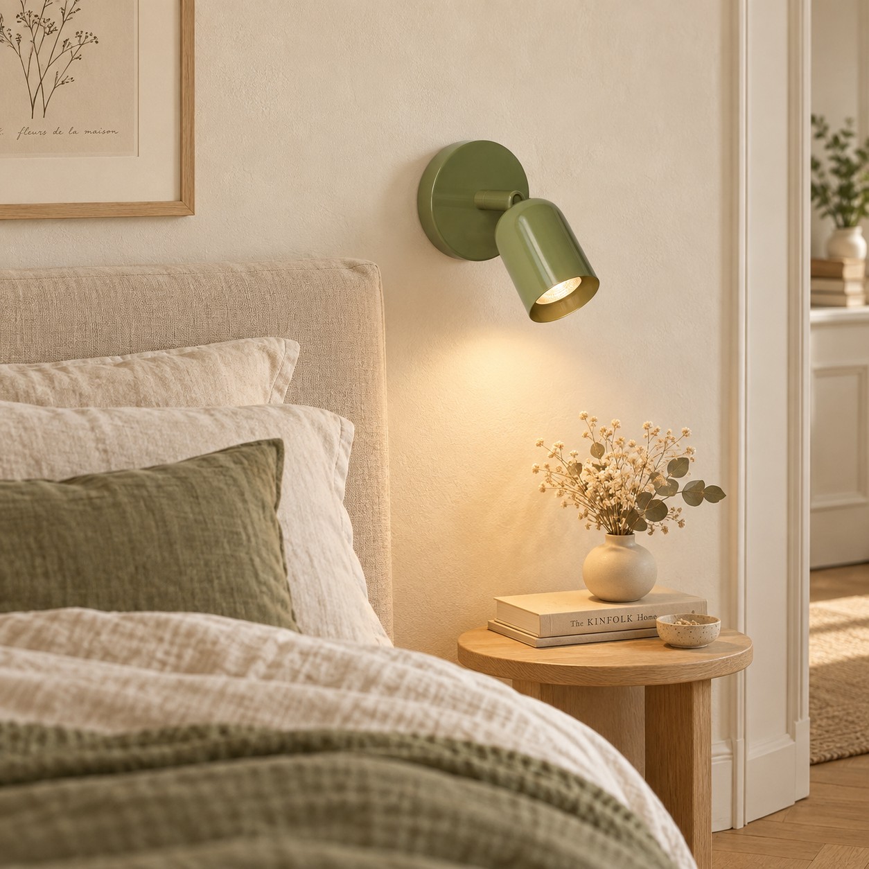 Groene, bedrade wandlamp boven een nachtkastje
