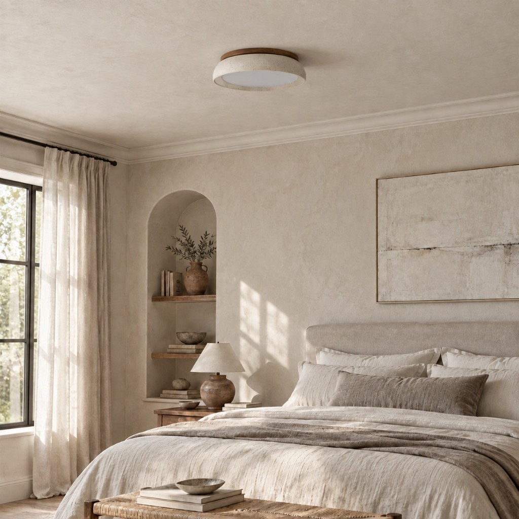Travertine ceiling light over a bedroom, unlit