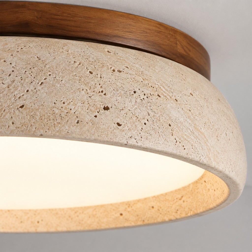 Side view of walnut cap, travertine drum, and lit acrylic diffuser