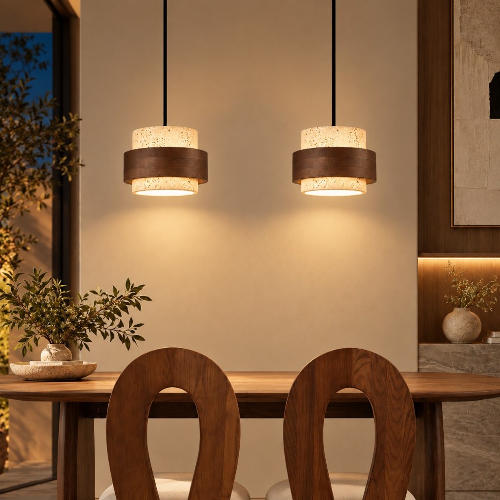 Due lampade a sospensione Stonova sopra un tavolo da pranzo, illuminate