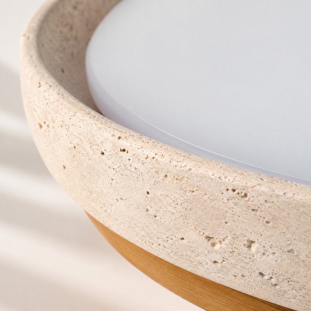 Close-up of travertine rim, frosted acrylic diffuser, and wood grain