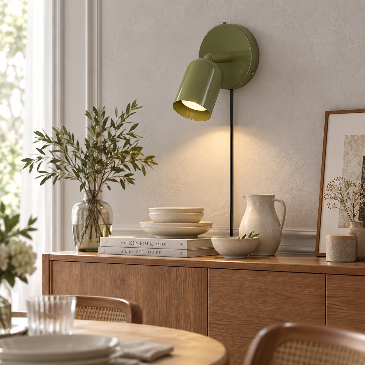 Groene plug-in wandlamp boven een eetdressoir