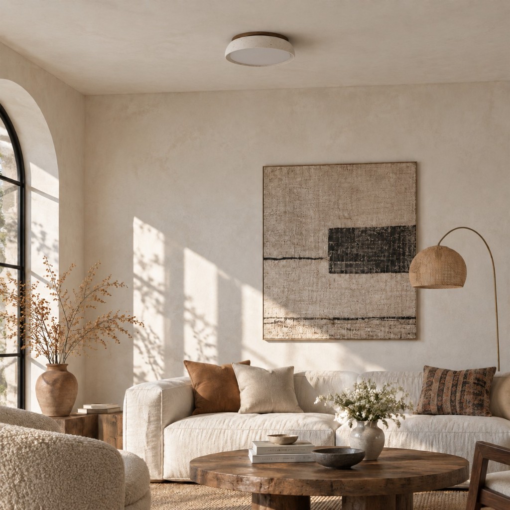 Travertine ceiling light over a living room, unlit