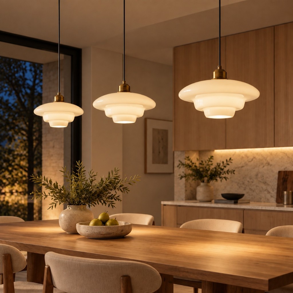 Três pingentes de vidro leitoso combinando iluminados sobre uma mesa de jantar da cozinha à noite